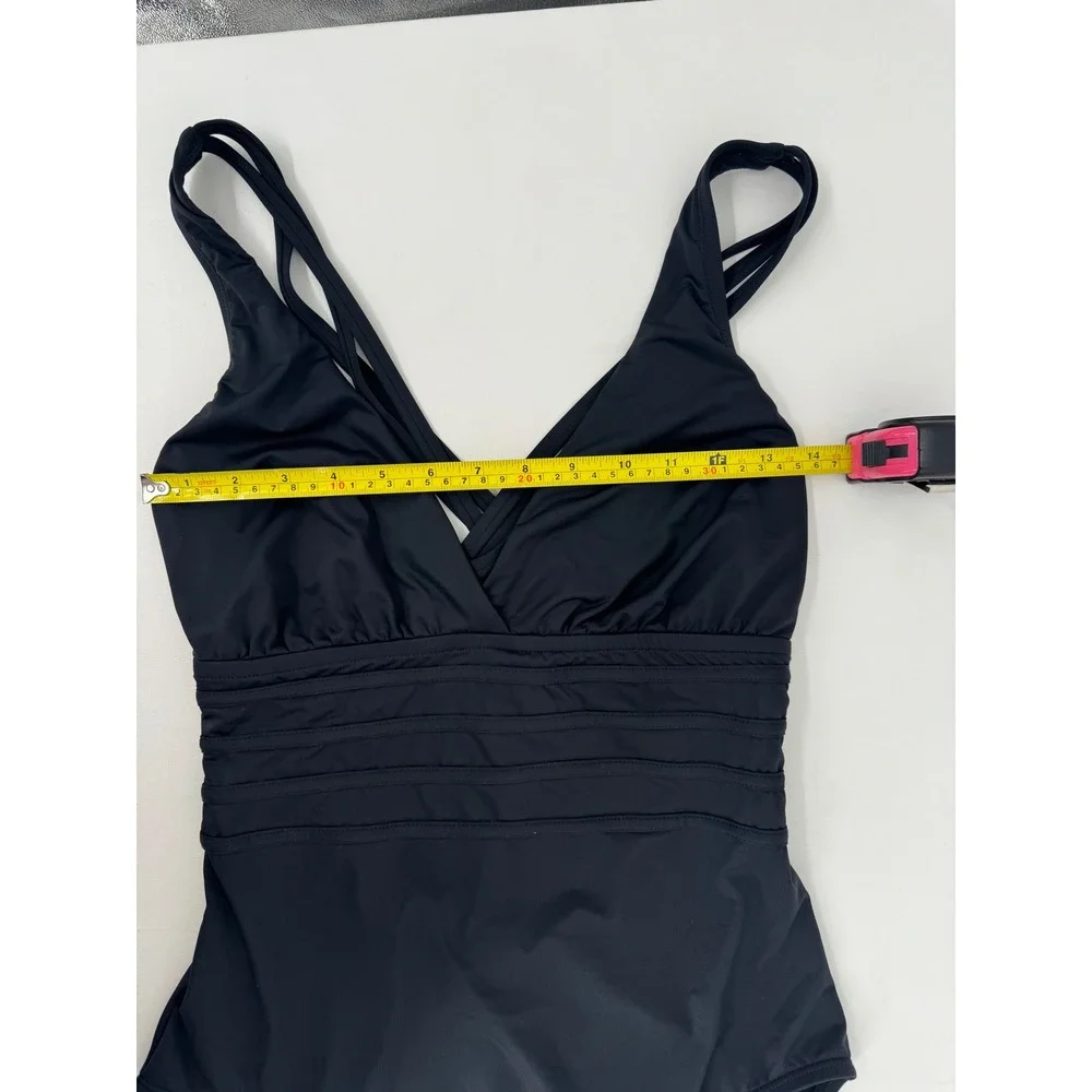 La Blanca Sz 12 Black V-Neck One-Piece Swimsuit Ruched Criss Cross Back Straps